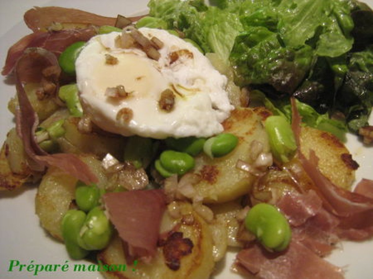 Recette de salade pommes de terre, jambon cru, oeuf poché