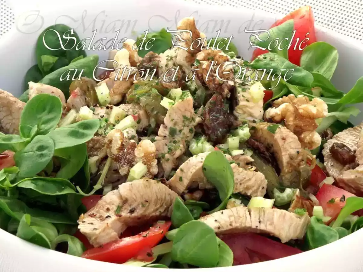SALADE DE POULET POCHE AU CITON / ORANGE ET FRUITS SECS