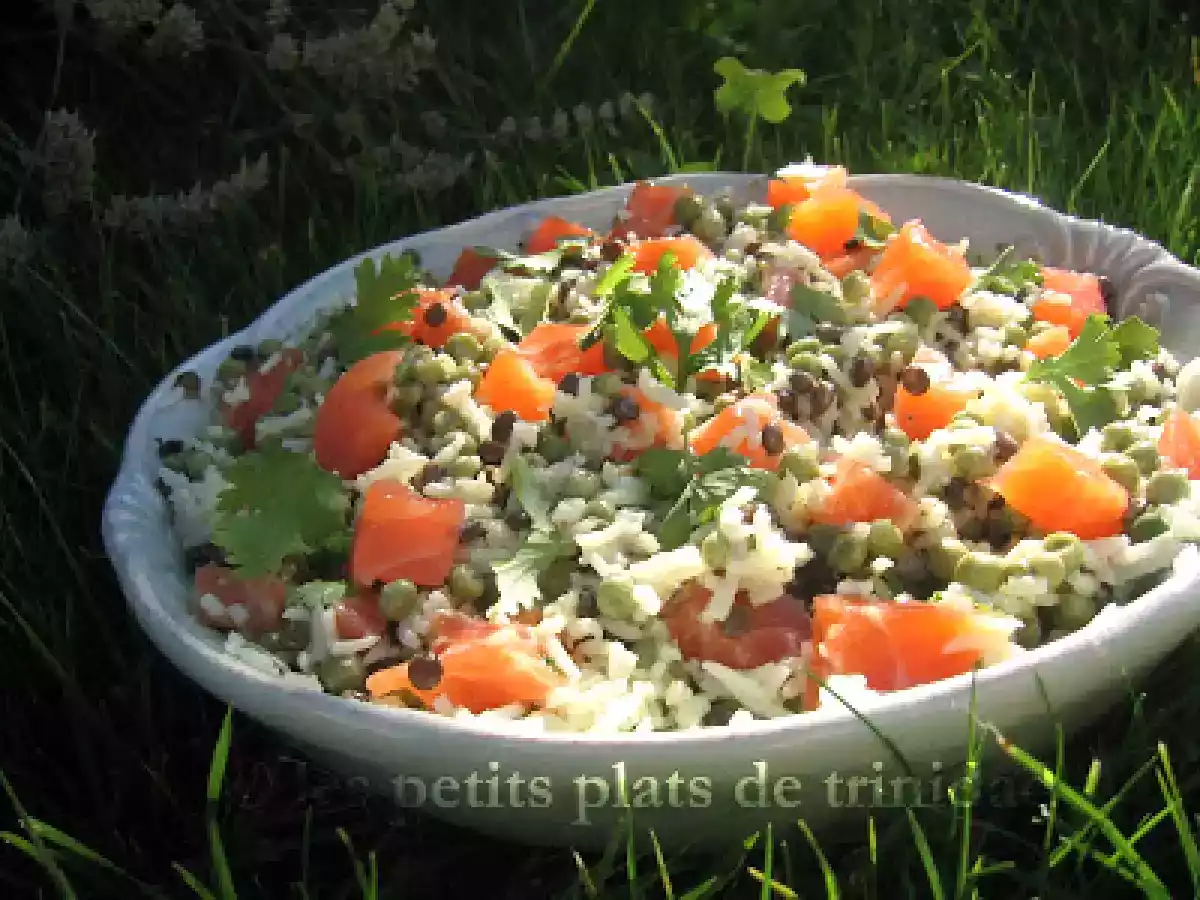 Salade de riz, lentilles, petits pois et saumon au lait de coco