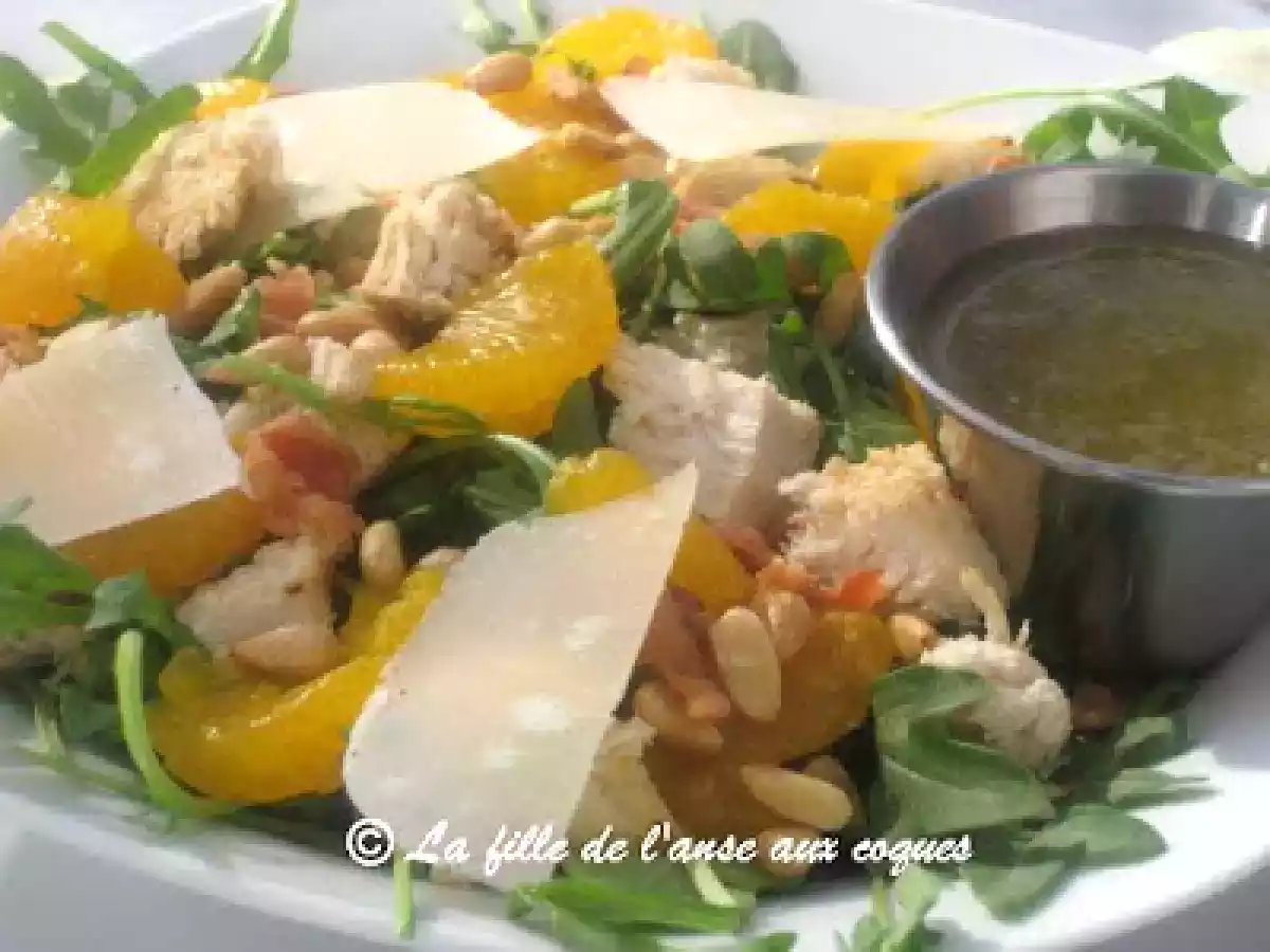 SALADE DE ROQUETTE, POULET, COPEAUX DE PARMESAN ET PIGNONS - photo 2