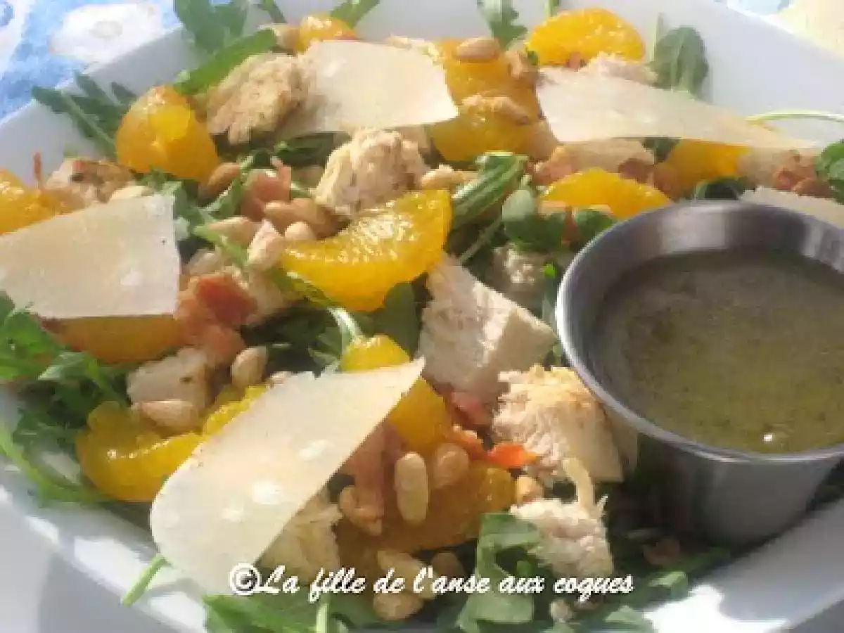SALADE DE ROQUETTE, POULET, COPEAUX DE PARMESAN ET PIGNONS - photo 3