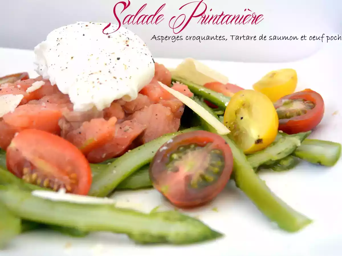 Salade Printanière {asperges croquantes, tartare de saumon & oeuf poché}