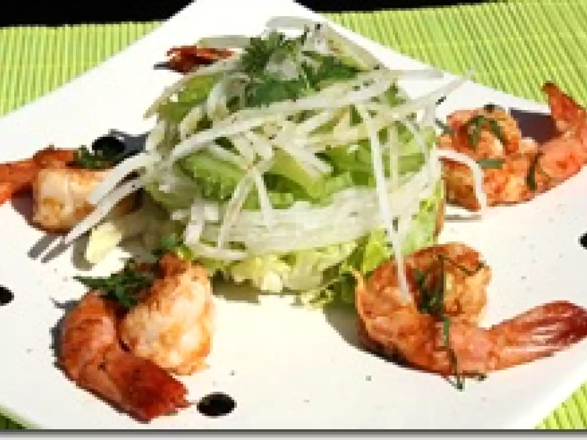 Salade Sucrine et Radis Glaçon aux Gambas