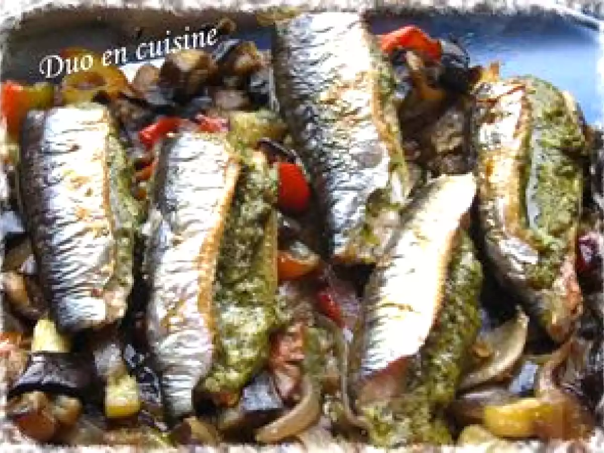 Sardines au pesto sur lit de légumes d'été