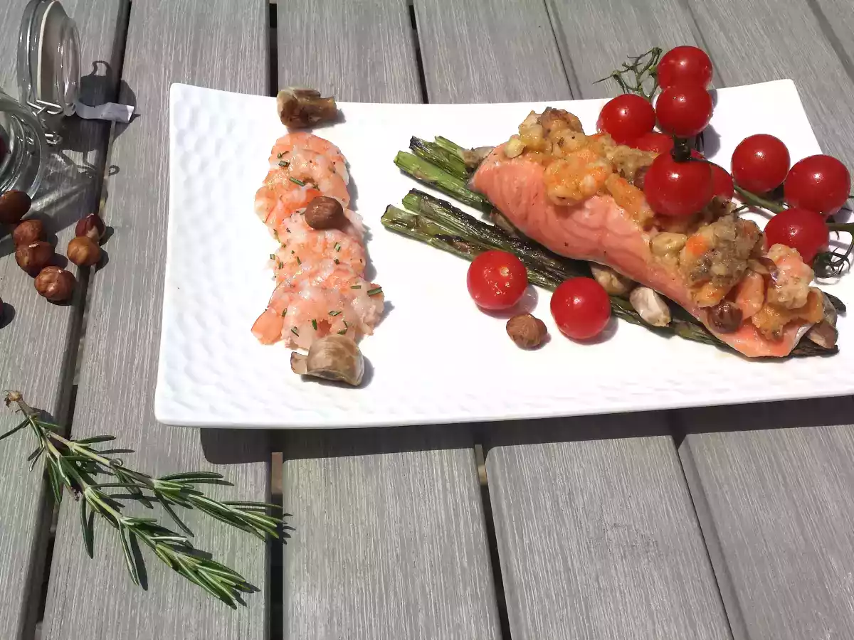 Saumon et légumes en papillote, crumble de crevettes et carpaccio de crevettes - photo 3