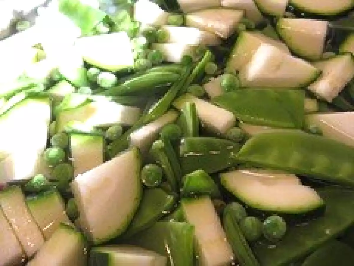 Sauté d'épaule d'agneau aux petits légumes verts.
