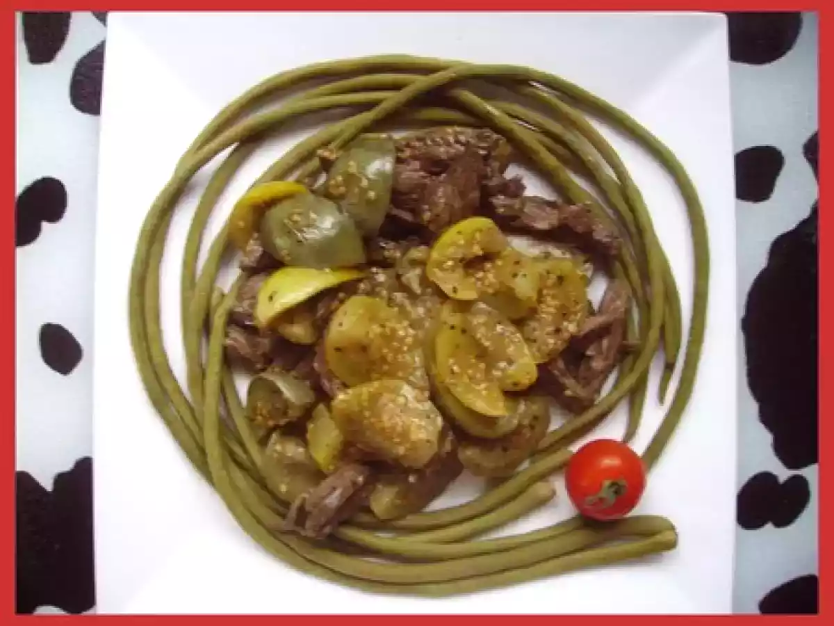 Sauté de Boeuf aux Aubergines Jaunes, Blanches et Haricots Verts Longs