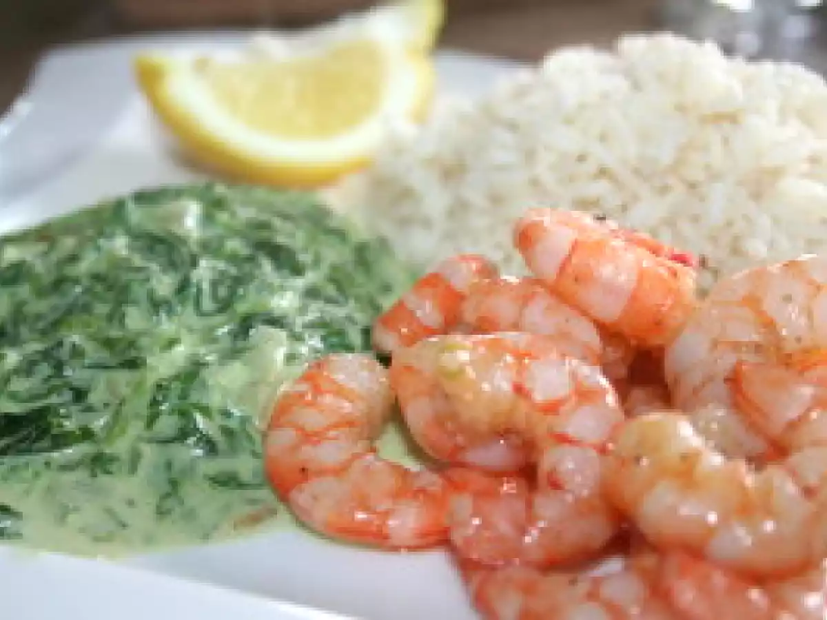 Scampis épinards crème, riz