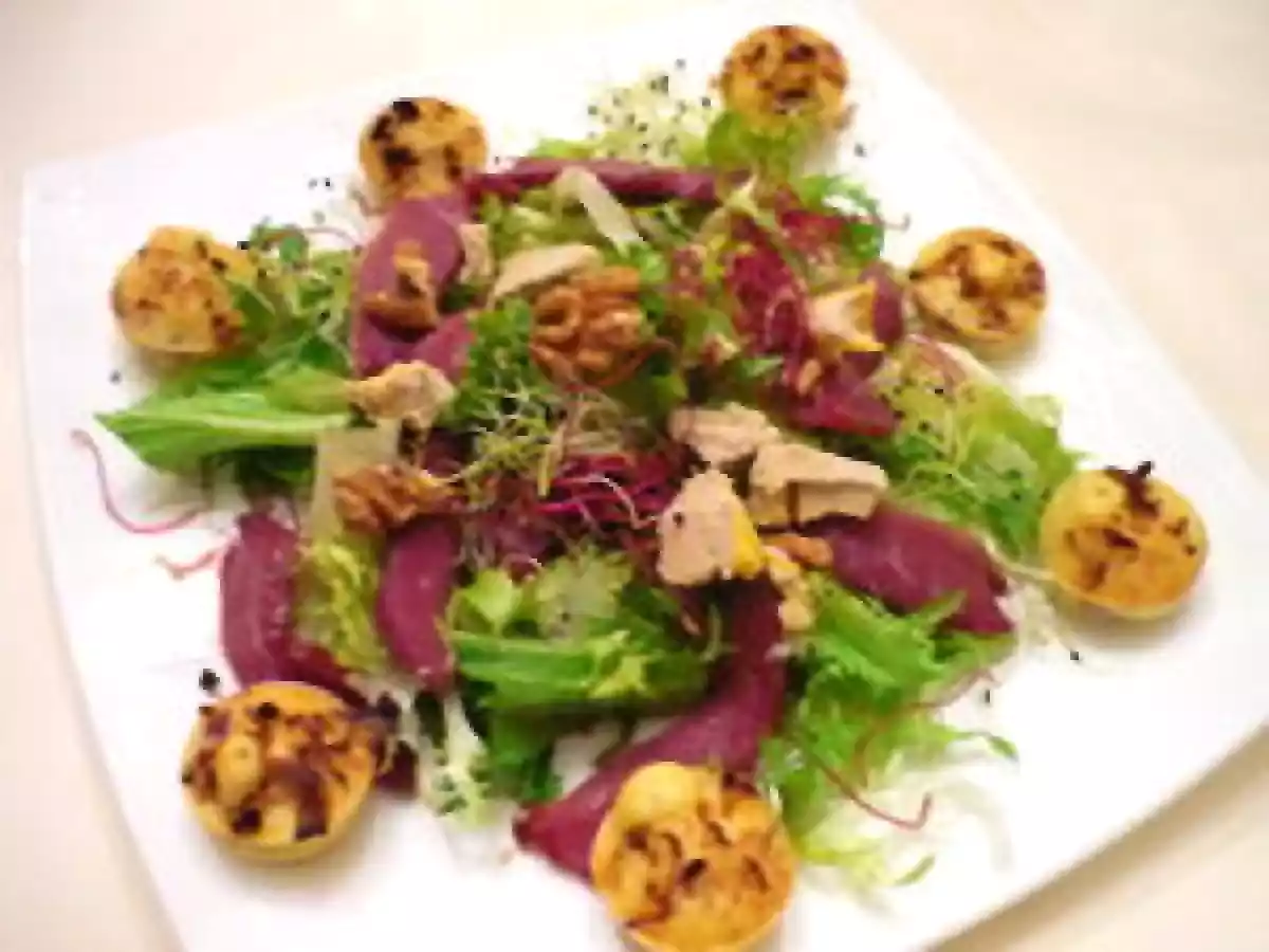 SOUFFLES CHAUD DE CONFITS DE GESIERS SUR SA SALADE DU SUD OUEST