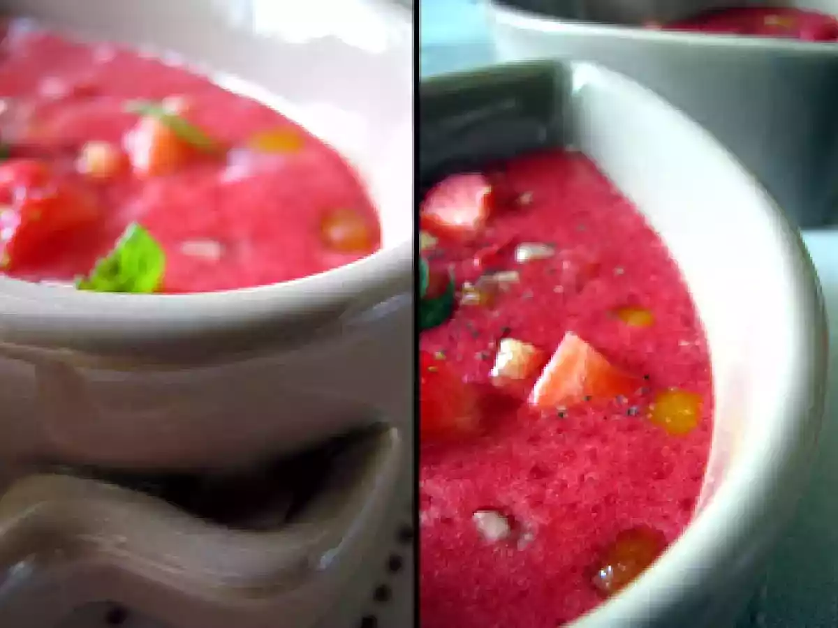 Soupe de framboises au citron vert et à la menthe, fraises coupées