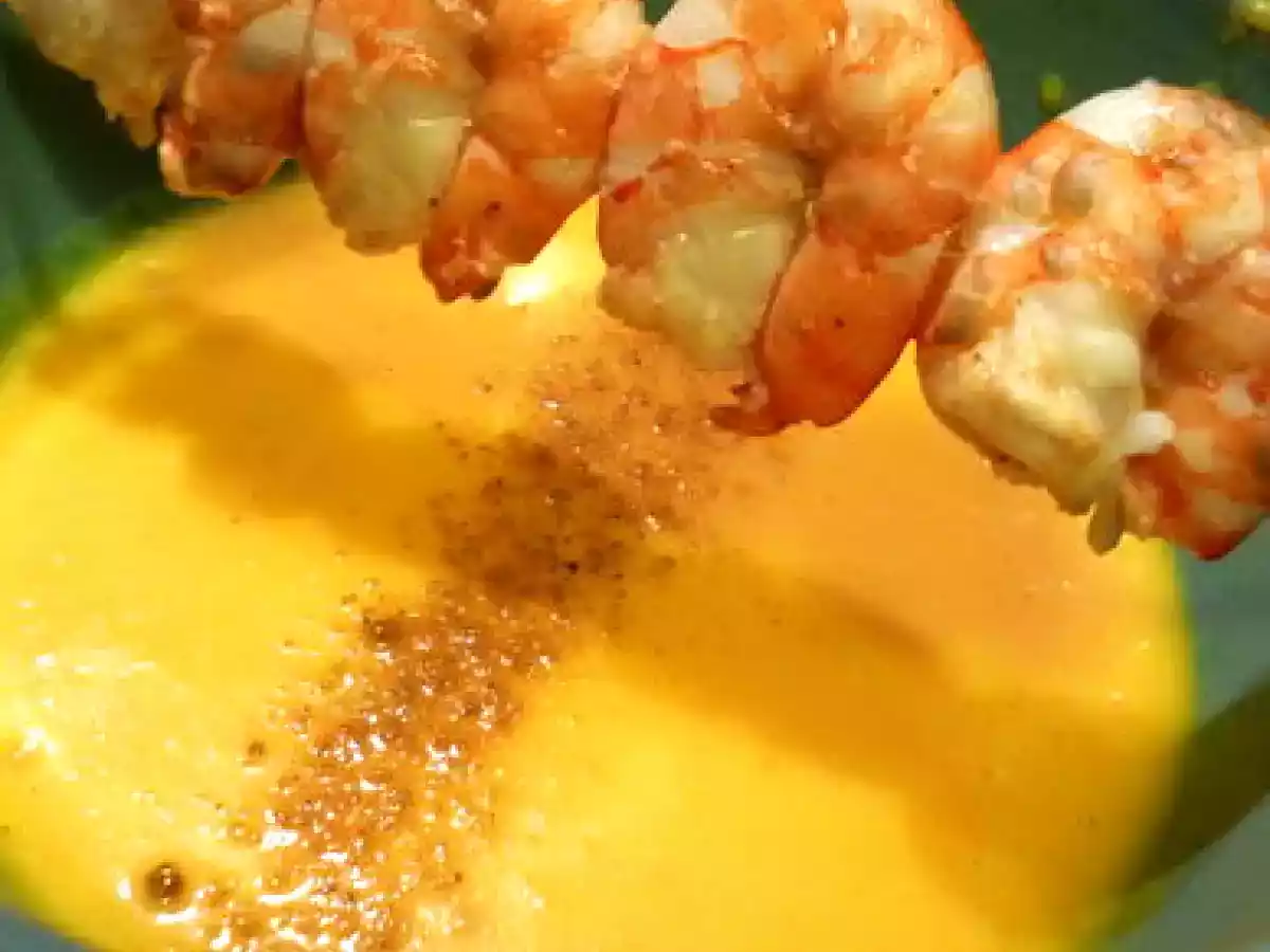 Soupe de potiron au lait de coco et brochette de crevettes au gingembre - photo 2