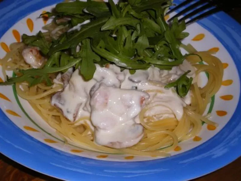 Spaghetti au poulet au champignons et à la crème de parmesan