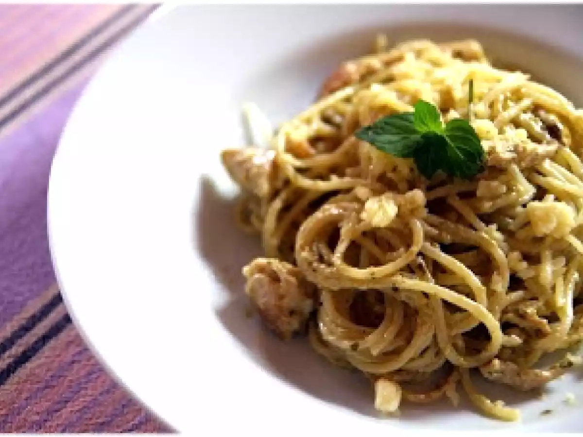Spaghetti au poulet et au pesto
