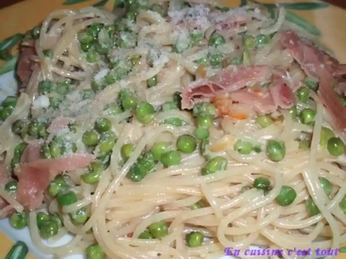 Spaghetti aux petits pois et jambon de Parme