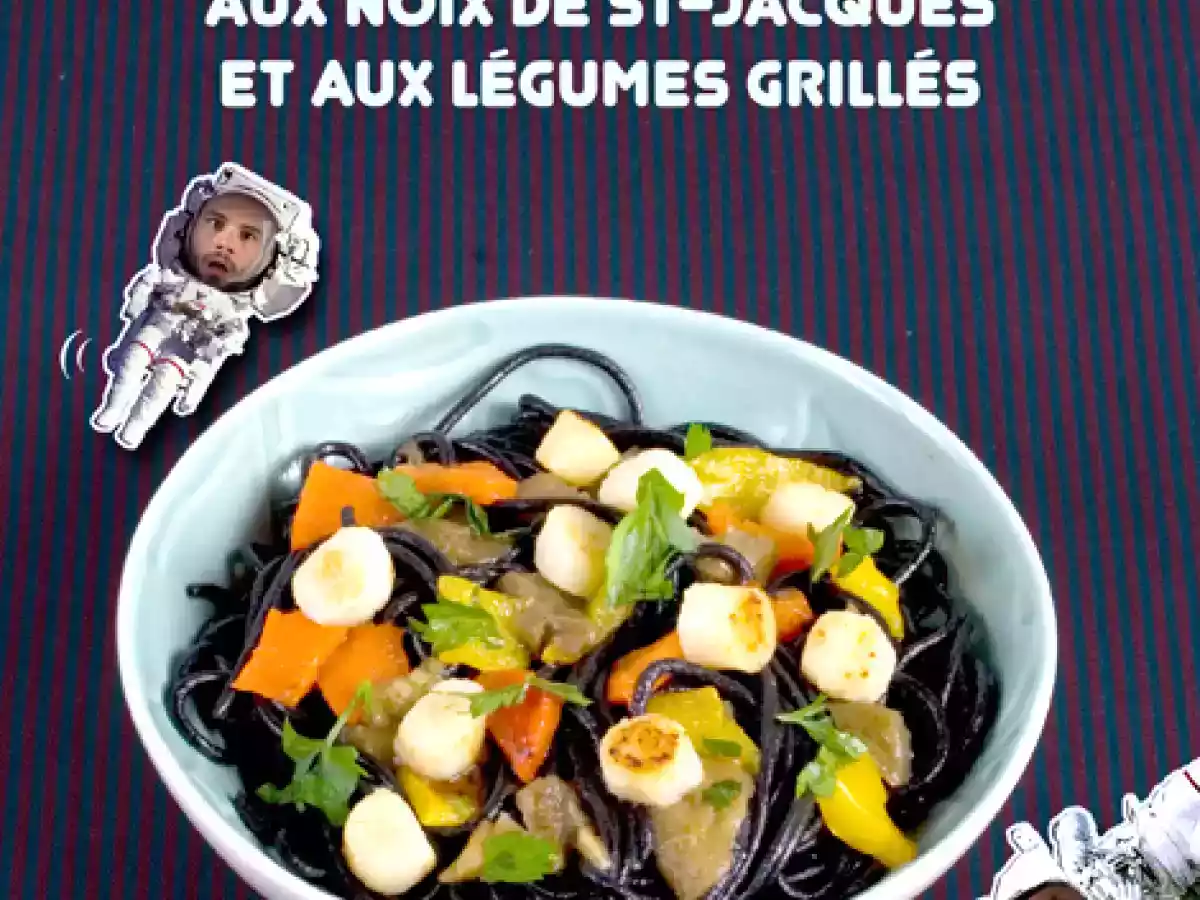 Spaghettis noirs aux noix de st jacques et aux légumes grillés