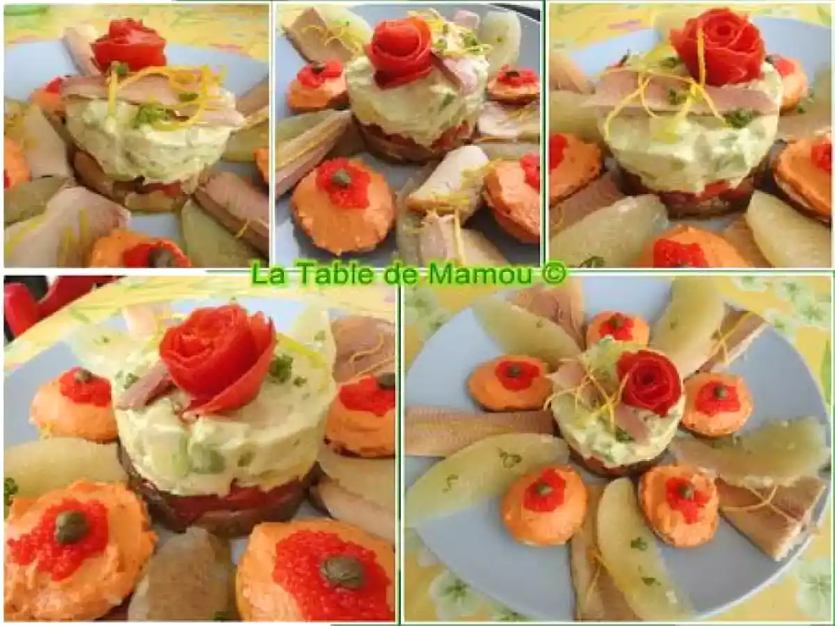 Tartare de pomélos chinois, tomates, avocat, truite fumée