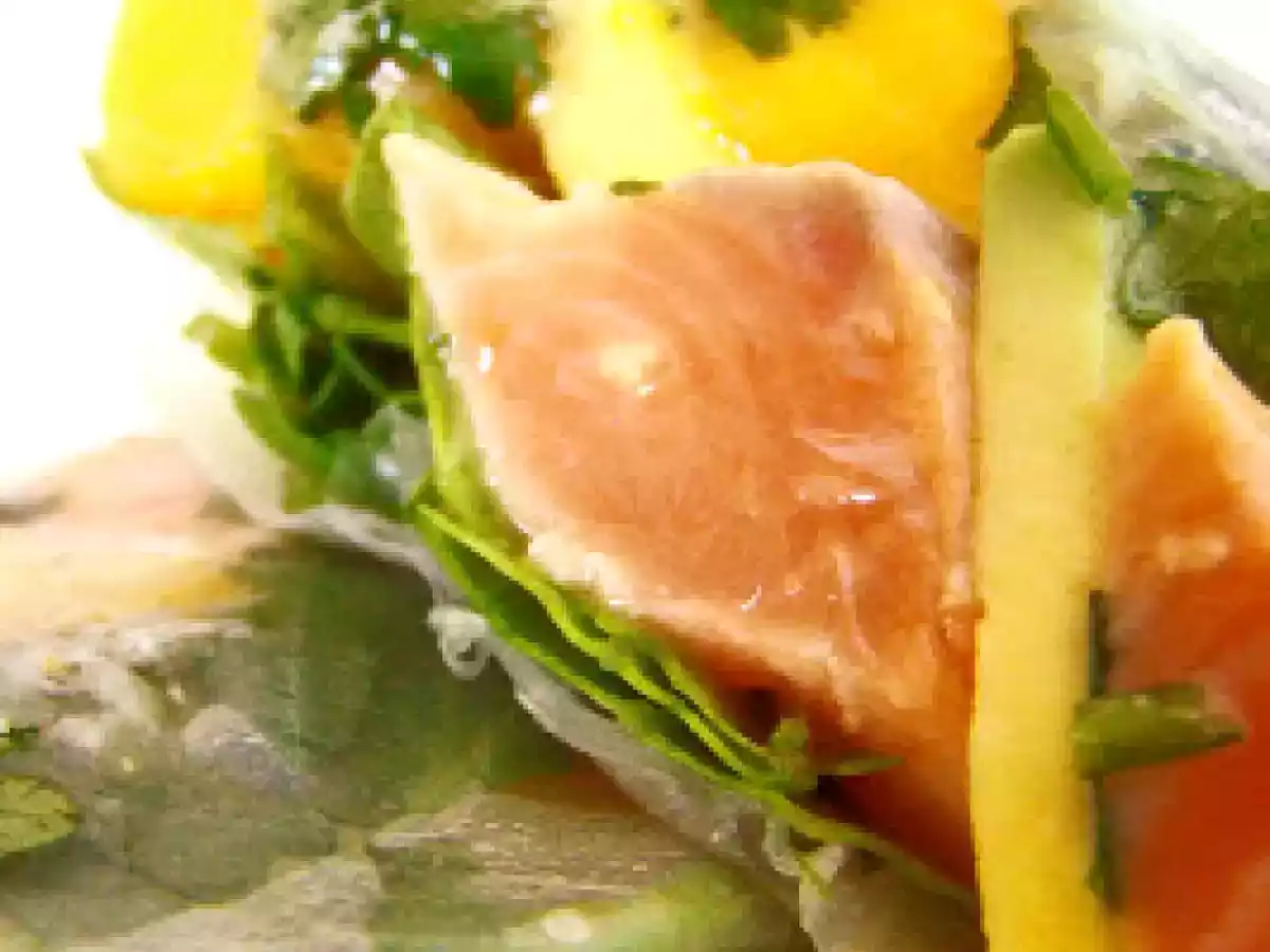 Tartare saumon-mangue-avocat comme un rouleau de printemps ou d'ete