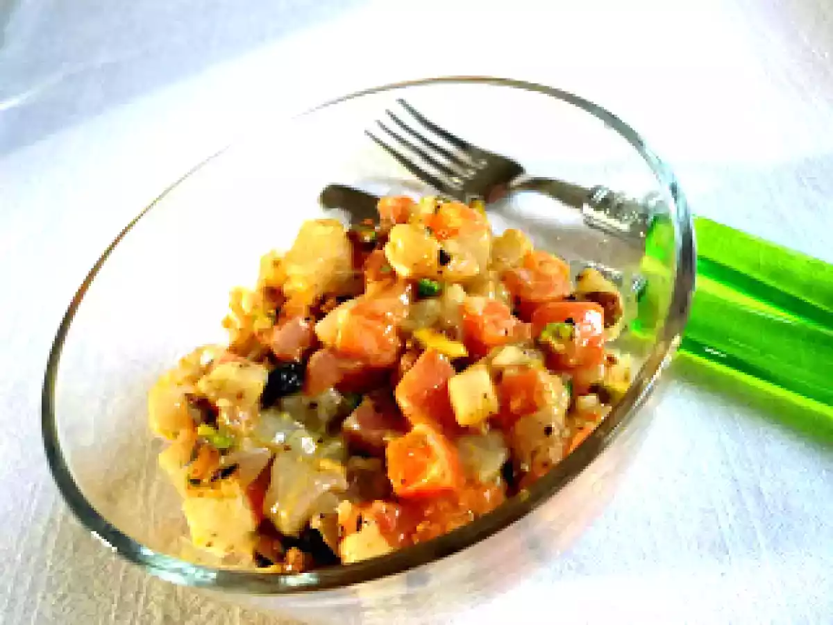 Tartare St-Pierre et saumon aux pistaches et fruits de la passion