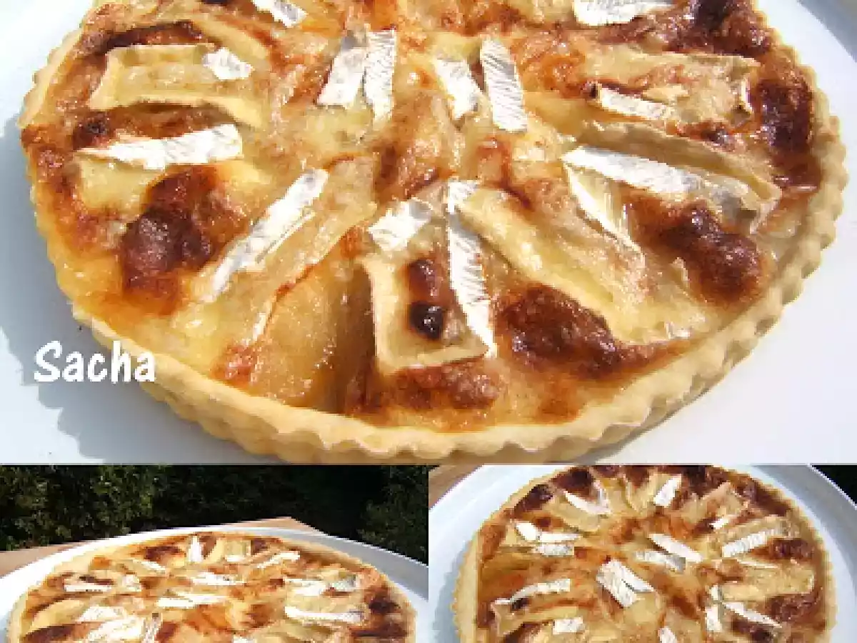 Tarte au camembert, pommes et poires caramélisées sur une pâte brisée au cidre