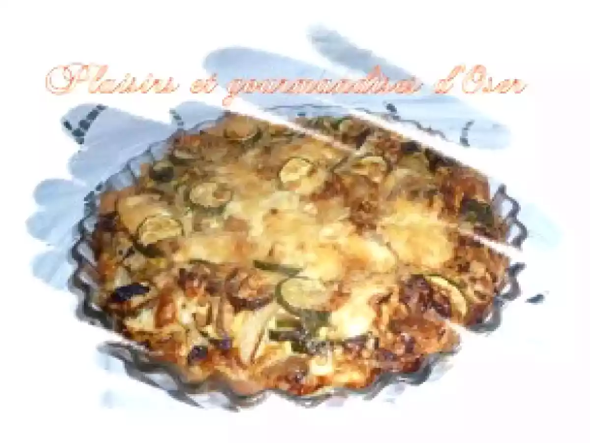 Tarte aux oignons, courgettes, poulet mariné et fromage de chèvre et de brebis