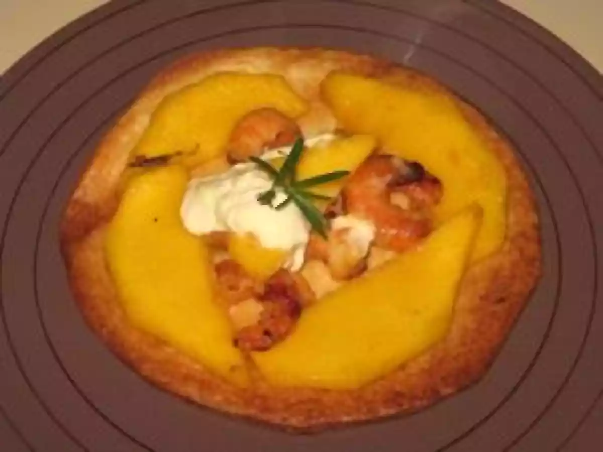Tarte fine Mangue, Crevettes et Romarin