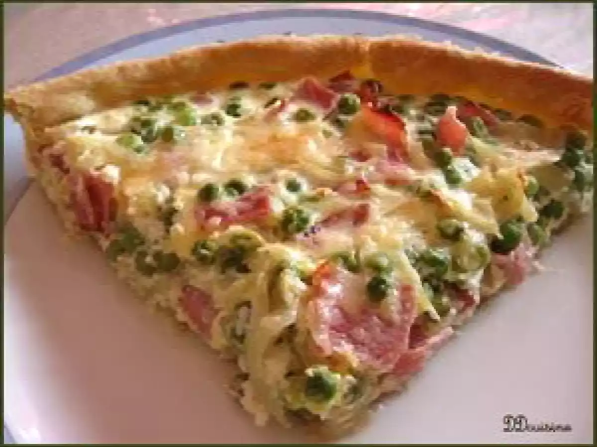 Tarte petits pois - oignon - bacon fumé, pâte à l'huile d'olive