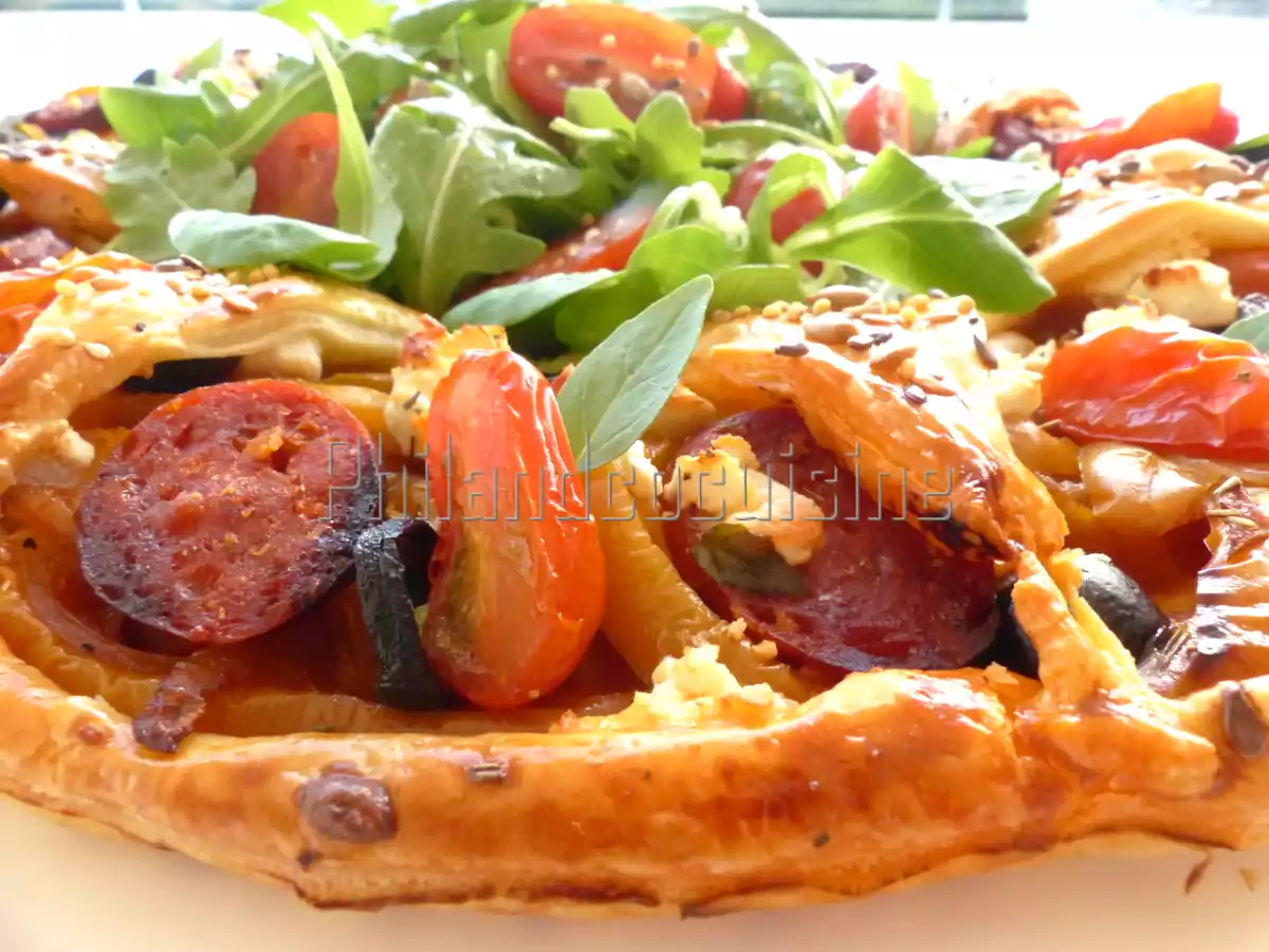 Tarte soleil aux poivrons, chorizo et feta
