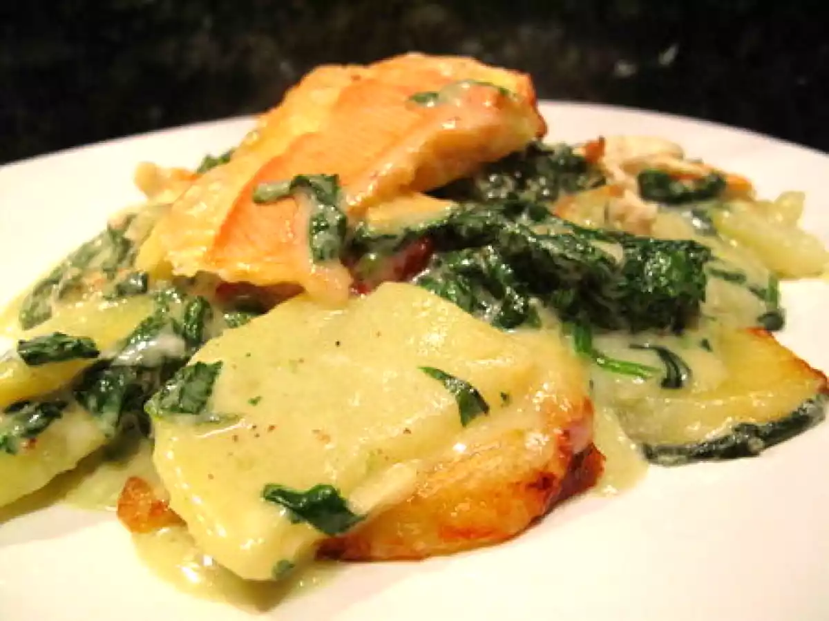 Tartiflette revisitée, aux épinards et au poulet