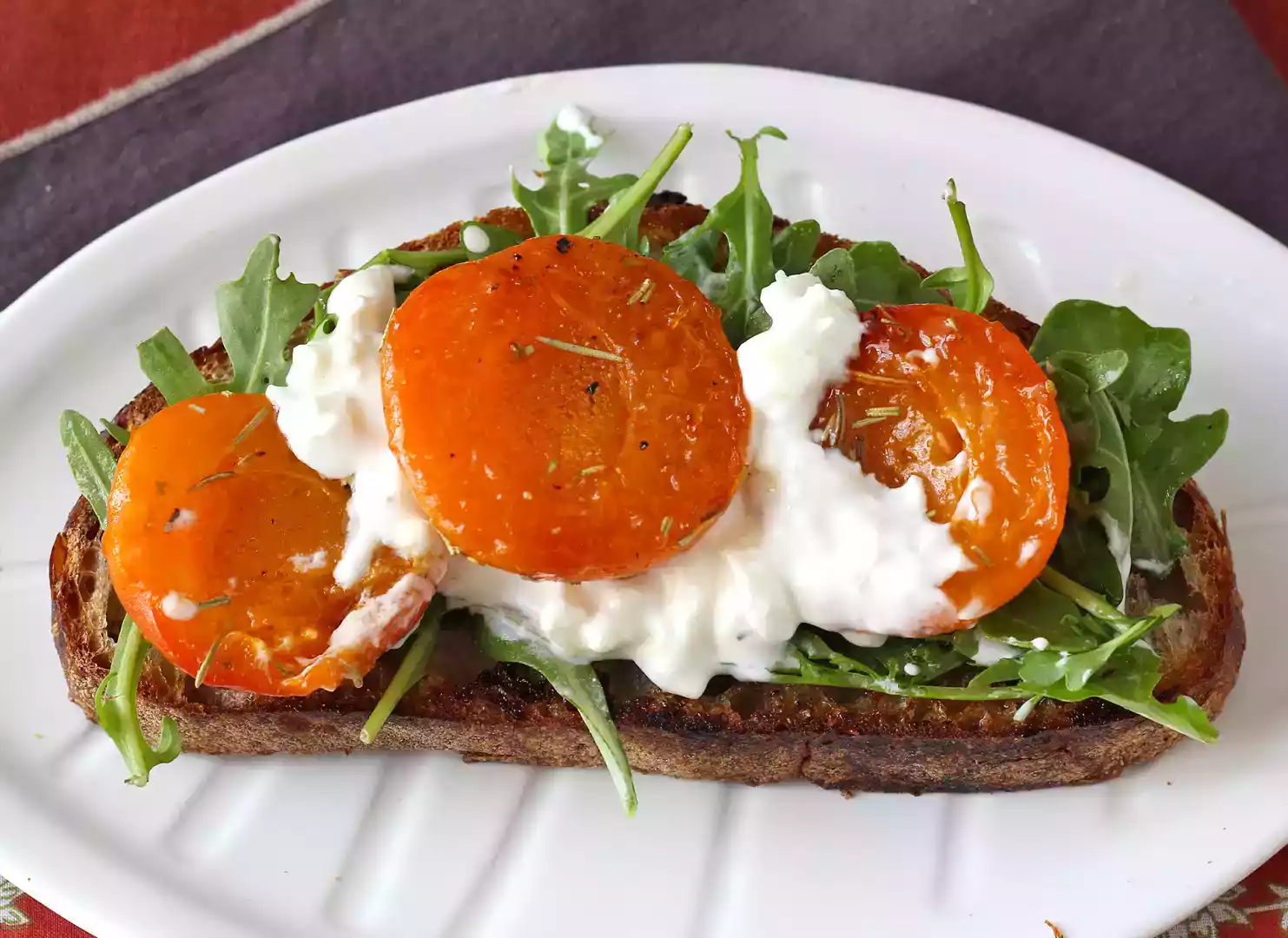 Tartine abricots rôtis, roquette et burrata