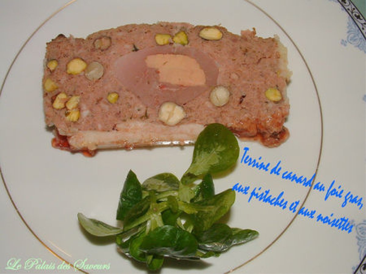 Terrine de canard au foie gras, aux pistaches et aux noisettes