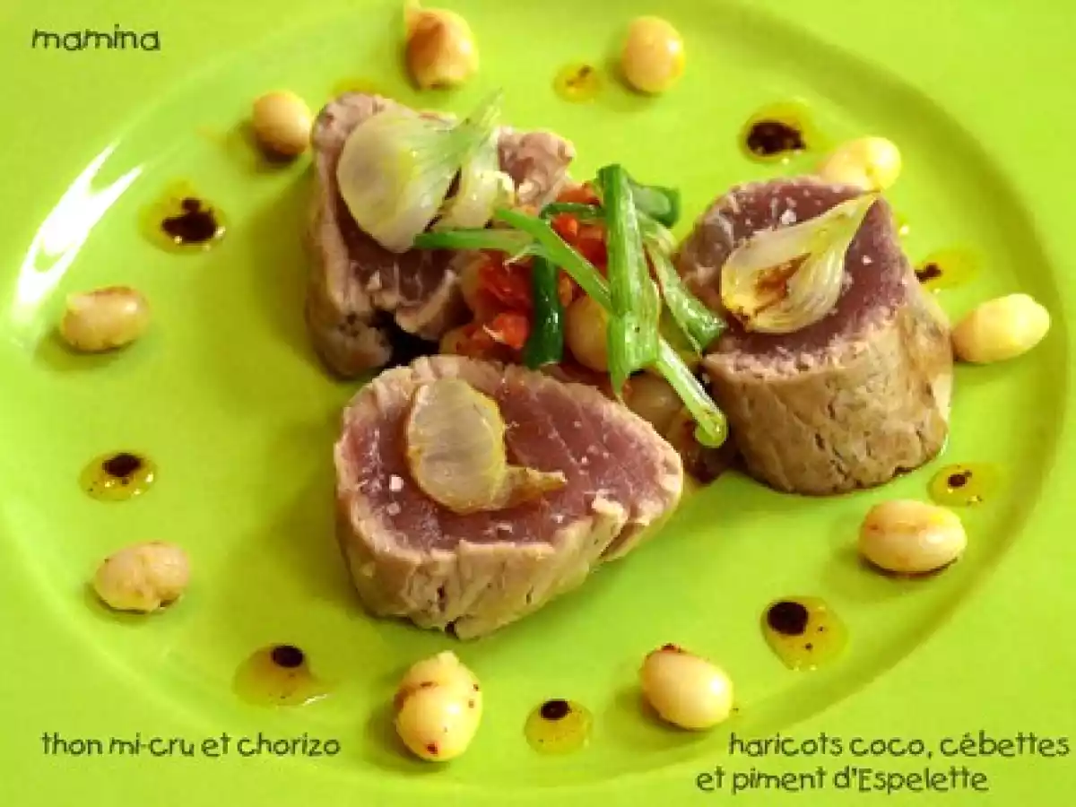 Thon mi-cru aux haricots coco, chorizo, piment d'Espelette et cébettes - photo 2