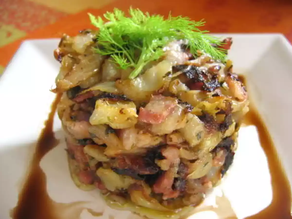 Timbales de fenouil, oignon rouge et lardons