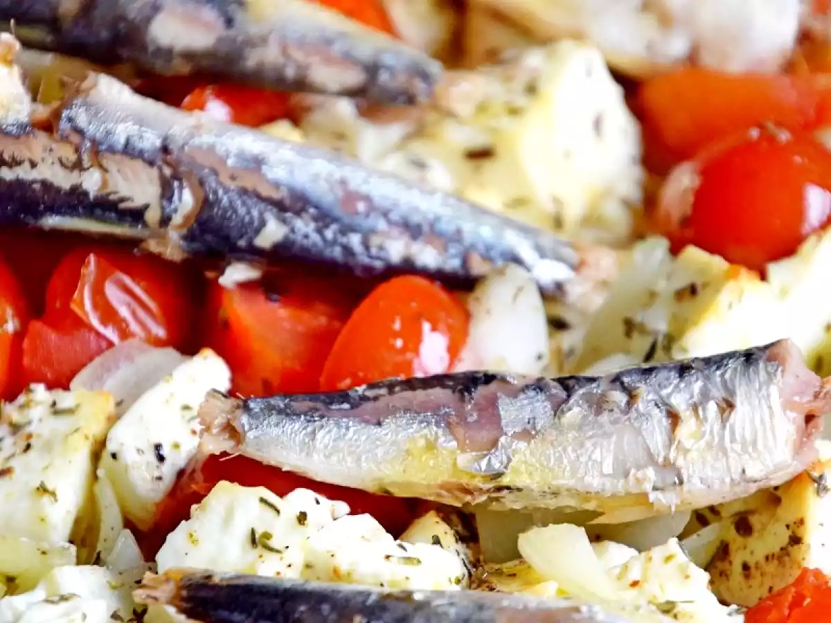 Tomates rôties à la feta et aux petites sardines