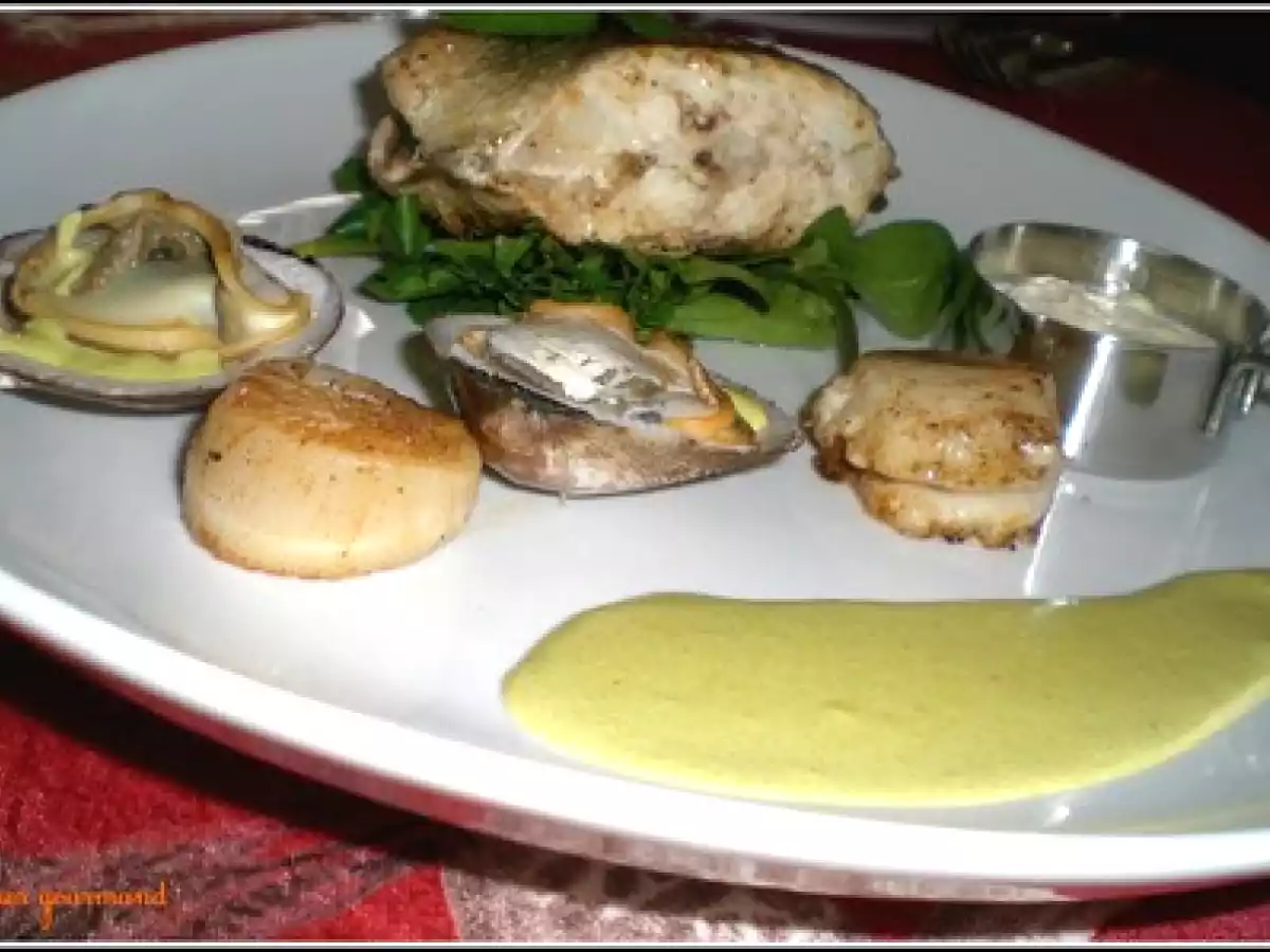 Tronçon de bar de ligne sauce pistache, csj et sa royale de St Jacques