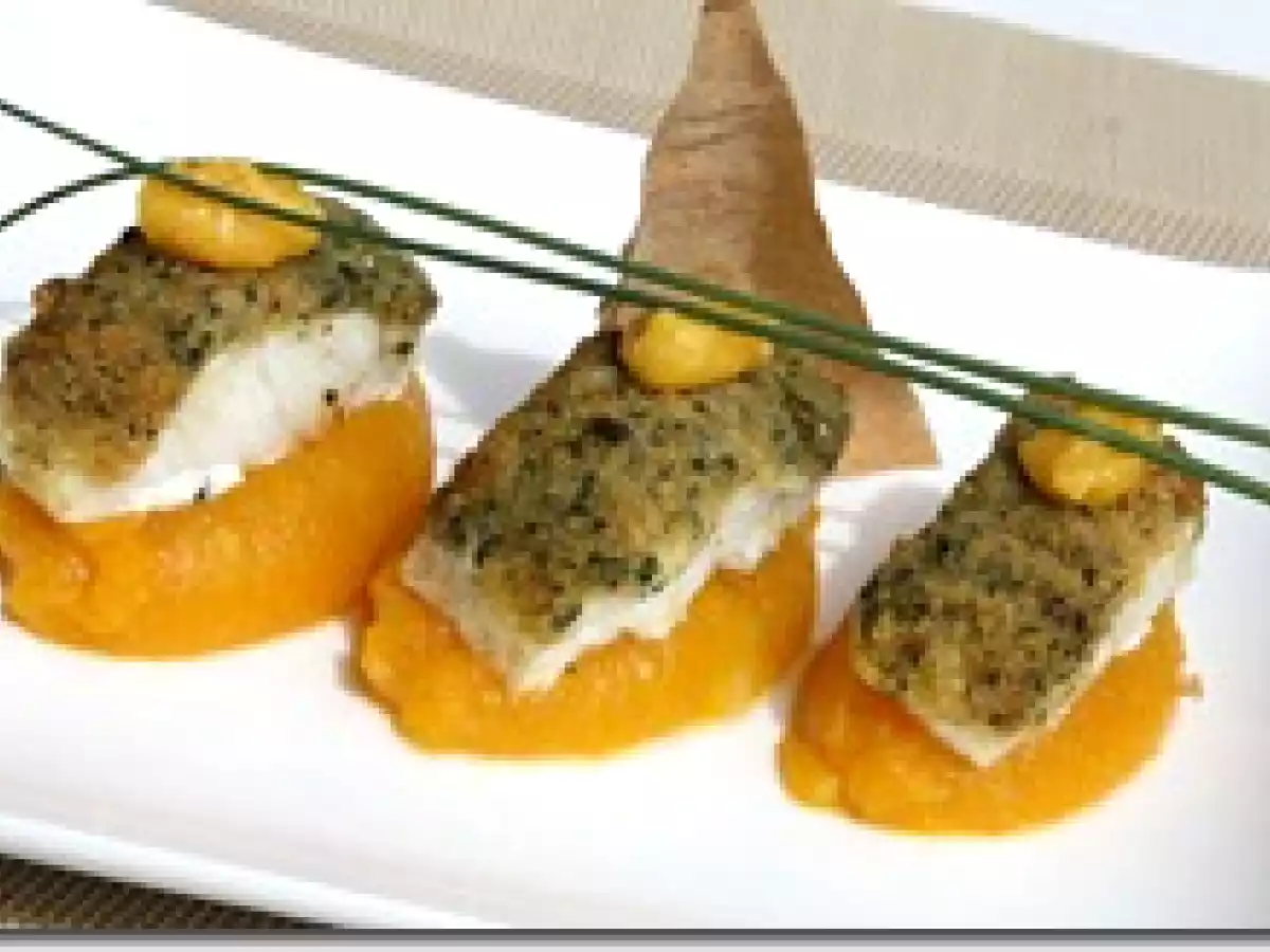 Tronçon de Cabillaud en Croûte de Persil, Purée de Potiron et Confit d'Orange