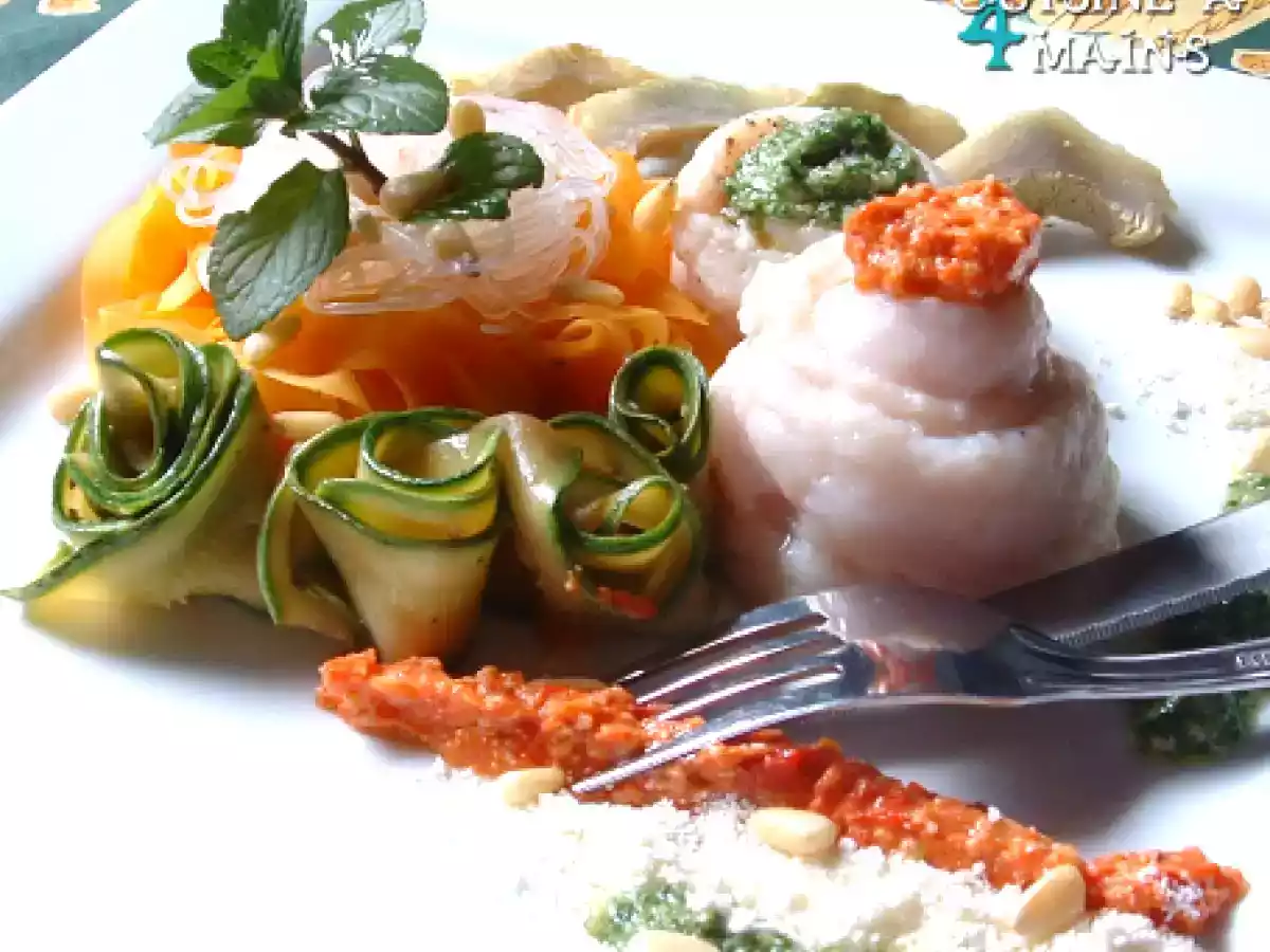 Turbans de sole, tagliatelles de légumes et duo de pesto