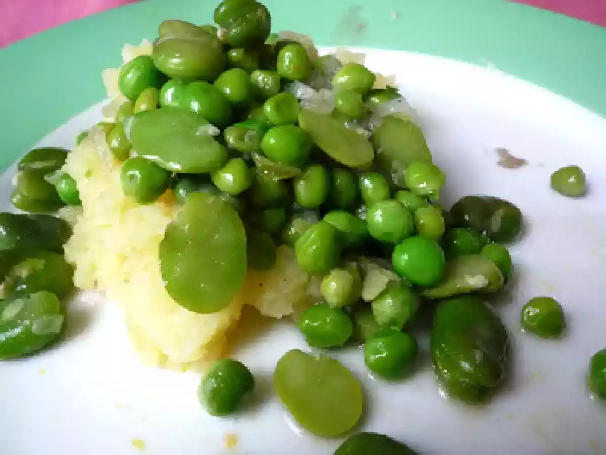 Turbot au four et fèves et petits pois sautés