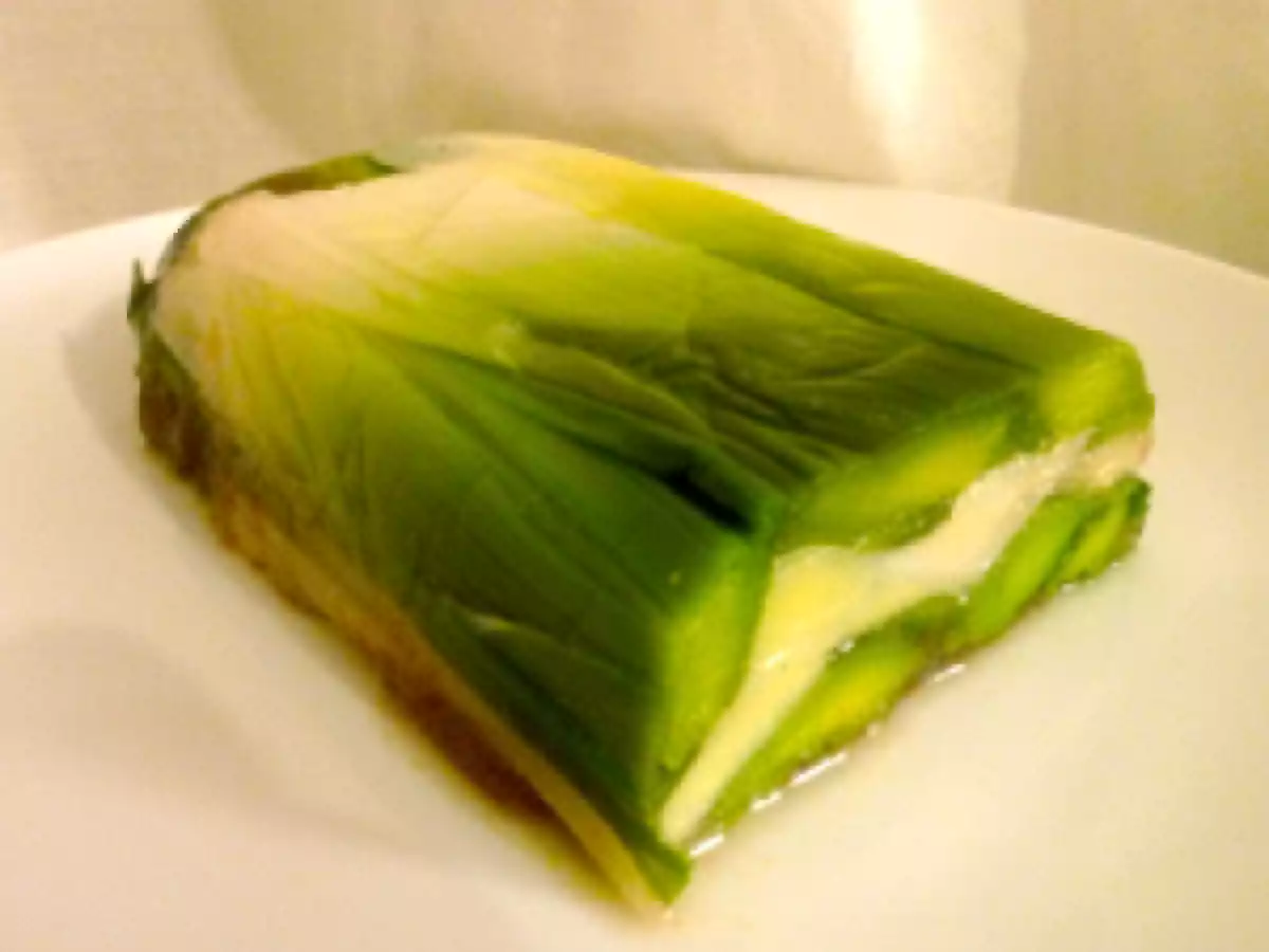 Une entrée graphique et végétarienne : préssé de poireaux et mayonnaise d?avocat - photo 2