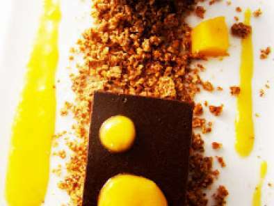 Une gelée de chocolat noir-pannacotta cardamome, et coulis de mangue.. - photo 2