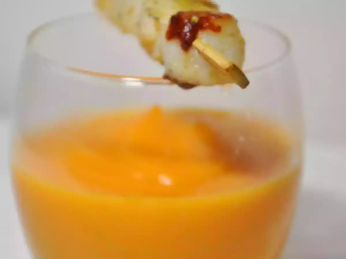 Verrine crème de patates douces, brochette de St Jacques snackées