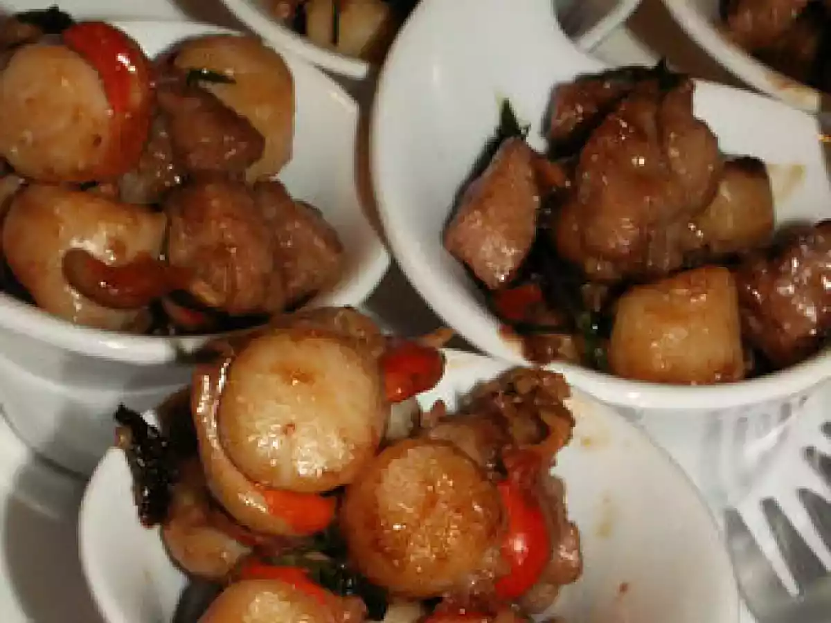 Verrine de ris de veau et de noix de Saint-Jacques flambés