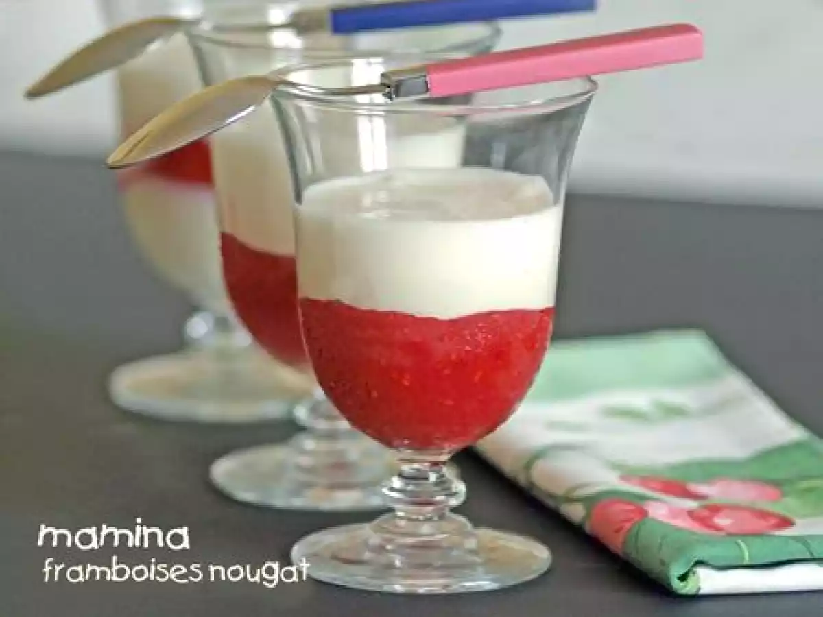 Verrine dessert facile: coulis de framboises et crème au nougat