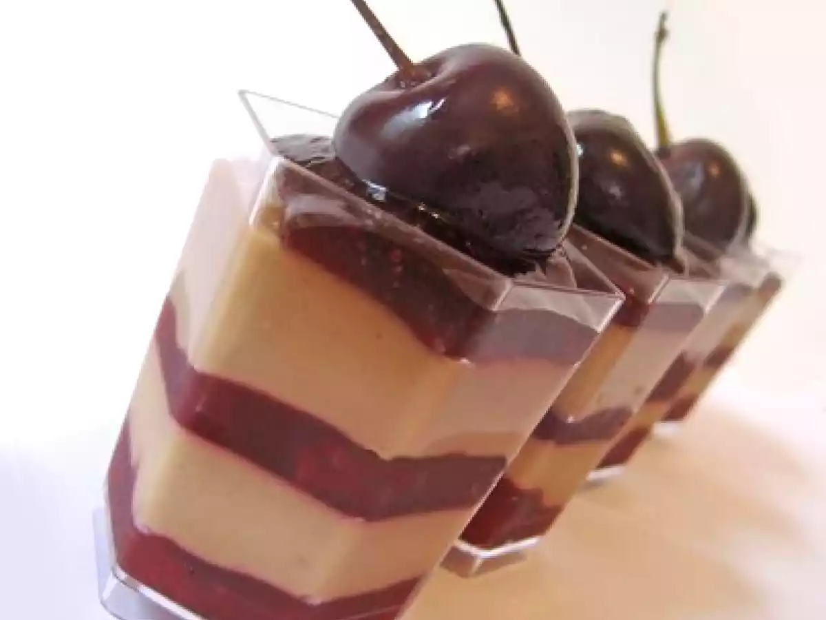 Verrines au chocolat gianduja parfumé aux cèpes et gelée de cerises à l'agar-agar