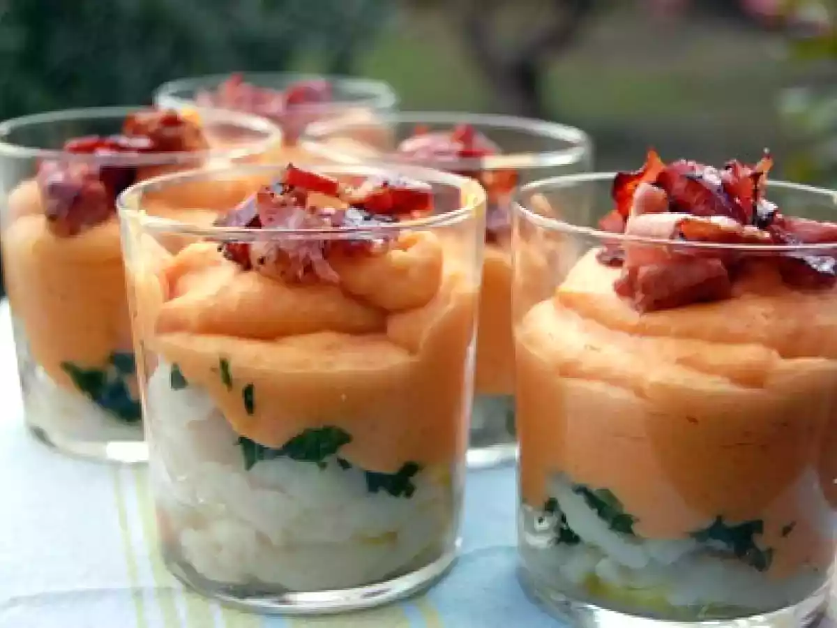 Verrines de poisson & potiron et croustillants de bacon