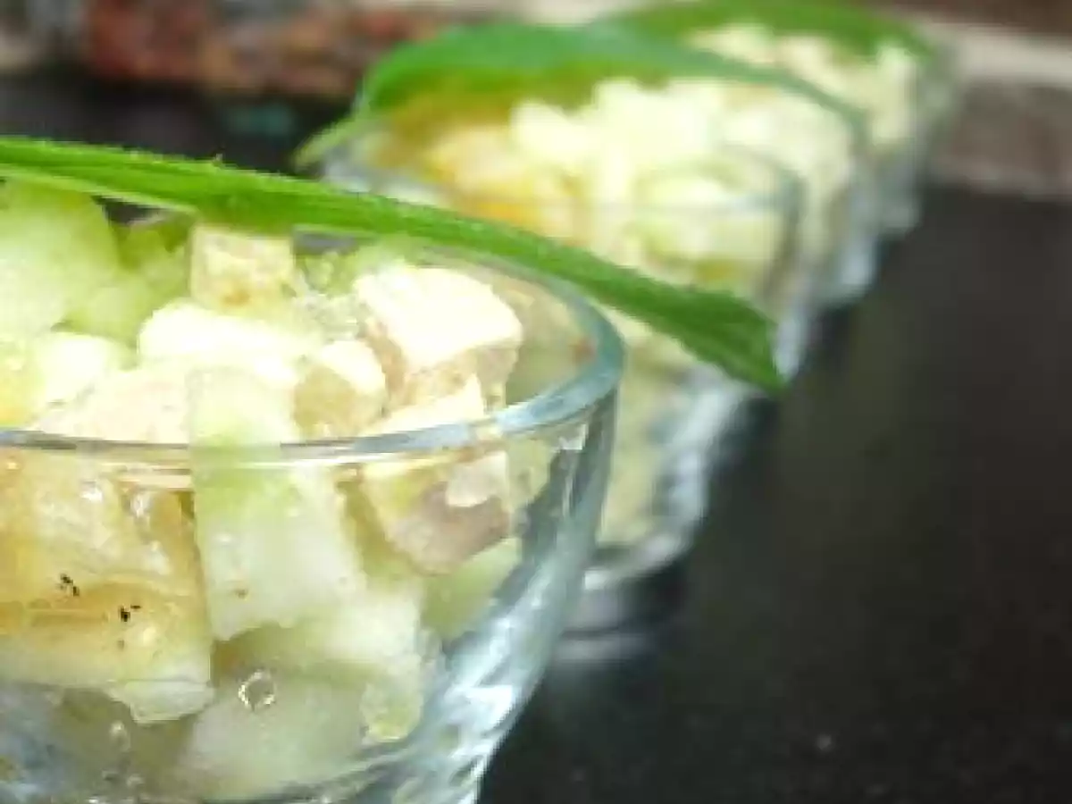 Verrines pommes vertes foie gras gelée Monbazillac abricot secs