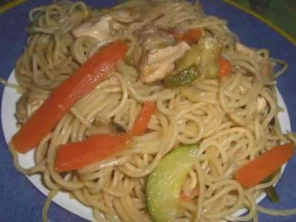 Wok de nouilles chinoises au poulet et au soja
